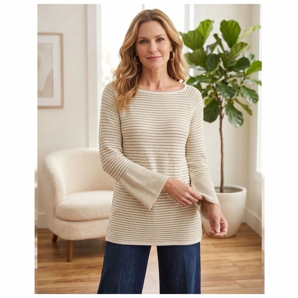 Chicos Sweater Womens Large White Gold Metallic Bell Sleeve Striped Knit New